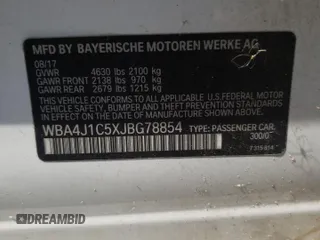 2018 BMW 4 Series 430i with VIN WBA4J1C5XJBG78854, listed as a Copart auction lot 62594495 with 124,105 mi miles and Clean title. Bid and sale history available at DreamBid. Image 12.