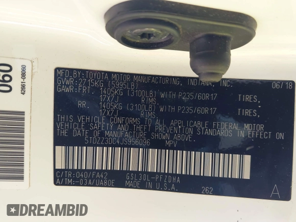 2018 Toyota Sienna L with VIN 5TDZZ3DC4JS956096, listed as a IAAI auction lot 41244790 with 94,072 mi miles and . Bid and sale history available at DreamBid. Image 9.