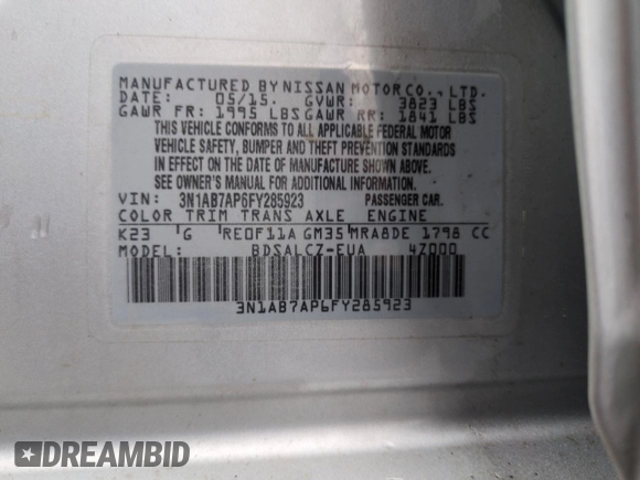 2015 Nissan Sentra SR with VIN 3N1AB7AP6FY285923, listed as a Copart auction lot 51077025 with 72,510 mi miles and Salvage Title. Bid and sale history available at DreamBid. Image 13.