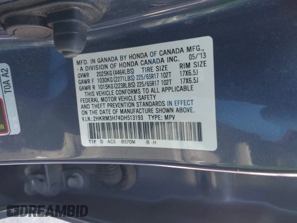 2013 Honda CR-V EX-L with VIN 2HKRM3H74DH513193, listed as a IAAI auction lot 41781093 with 94,003 mi miles and . Bid and sale history available at DreamBid. Image 9.