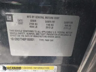 2008 Chevrolet Malibu LTZ with VIN 1G1ZK57748F189951, listed as a IAAI auction lot 41653787 with 131,930 mi miles. Bid and sale history available at carsss.com. Image 9.