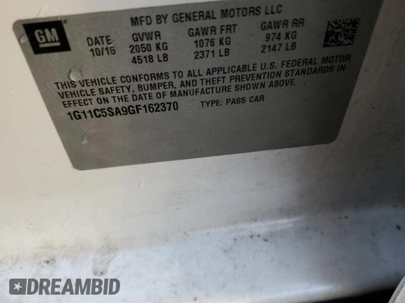 2016 Chevrolet Malibu LT with VIN 1G11C5SA9GF162370, listed as a Copart auction lot 86313284 with 47,372 mi miles and Salvage Title. Bid and sale history available at DreamBid. Image 12.