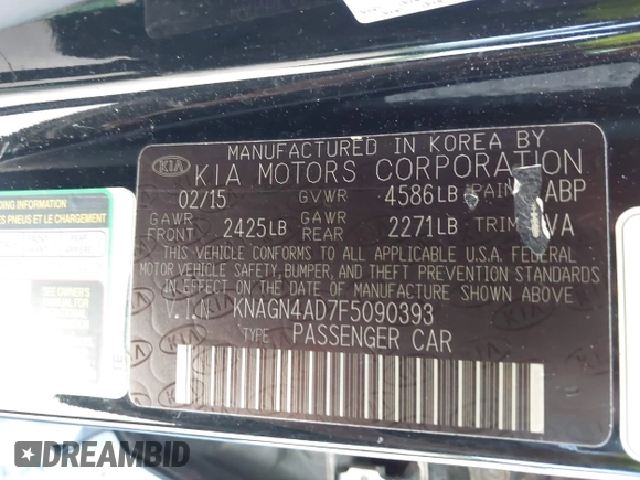 2015 Kia Optima EX with VIN KNAGN4AD7F5090393, listed as a IAAI auction lot 42632332 with 205,227 mi miles and . Bid and sale history available at DreamBid. Image 9.