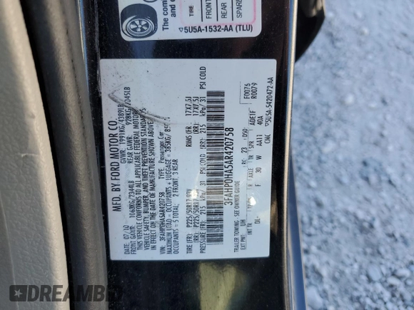 2010 Ford Fusion SE with VIN 3FAHP0HA5AR420758, listed as a Copart auction lot 53244605 with 112,082 mi miles and Clean Title. Bid and sale history available at DreamBid. Image 12.