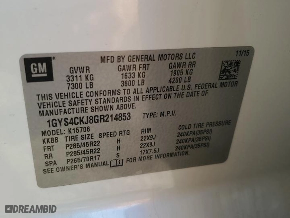 2016 Cadillac Escalade Premium Collection with VIN 1GYS4CKJ8GR214853, listed as a Copart auction lot 85465844 with 153,490 mi miles and Salvage Title. Bid and sale history available at carsss.com. Image 15.
