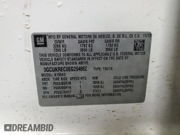 2014 Chevrolet Silverado 1500 LT with VIN 3GCUKREC0EG294862, listed as a Copart auction lot 57144794 with 115,009 mi miles and Salvage Title. Bid and sale history available at DreamBid. Image 12.