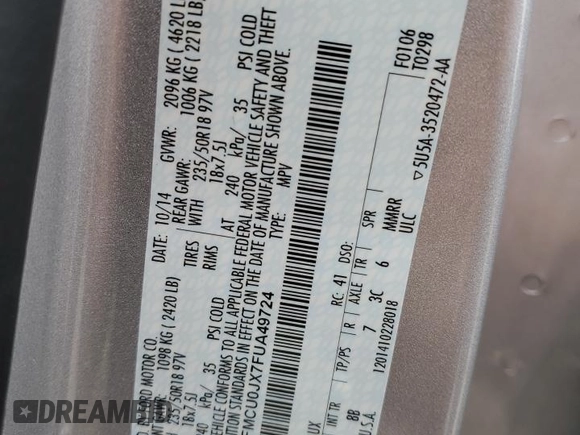 2015 Ford Escape Titanium с VIN 1FMCU0JX7FUA49724, выставлен на аукционе Copart как лот 56676655 с пробегом 85 402 миль миль и Чистый • Clean title. История ставок и продаж доступна на DreamBid. Изображение 13.
