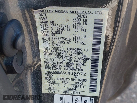 2005 Nissan Frontier SE with VIN 1N6AD06W35C438972, listed as a IAAI auction lot 41277771 with 120,778 mi miles and . Bid and sale history available at DreamBid. Image 9.