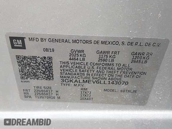 2020 GMC Terrain SLE z VIN 3GKALMEV6LL143070, wystawiony jako IAAI lot #42001194 z przebiegiem 101 055 mil mil oraz . Historia ofert i sprzedaży dostępna na DreamBid. Obrazek 9.