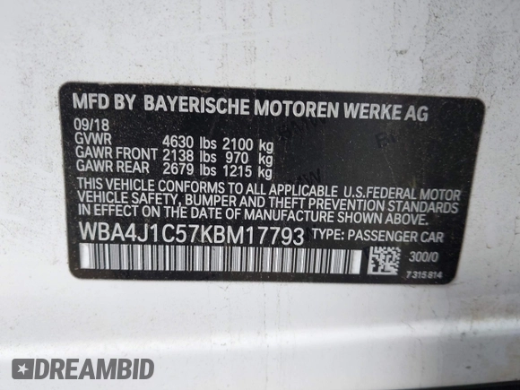 2019 BMW 4 Series 430i with VIN WBA4J1C57KBM17793, listed as a IAAI auction lot 41773832 with 78,110 mi miles. Bid and sale history available at carsss.com. Image 9.