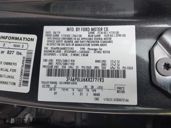 2019 Ford Fusion SE with VIN 3FA6P0LU6KR272193, listed as a IAAI auction lot 41993485 with 132,845 mi miles and . Bid and sale history available at DreamBid. Image 9.