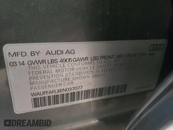 2014 Audi A4 Premium Plus with VIN WAUFFAFLXEN037077, listed as a Copart auction lot 51582465 with 104,475 mi miles and Salvage Title. Bid and sale history available at carsss.com. Image 12.