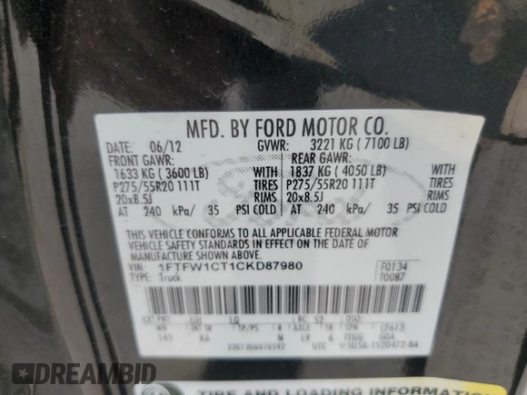 2012 Ford F-150 XL z VIN 1FTFW1CT1CKD87980, wystawiony jako Copart lot #53524665 z przebiegiem 182 480 mil mil oraz Szkoda całkowita • Salvage title. Historia ofert i sprzedaży dostępna na DreamBid. Obrazek 13.
