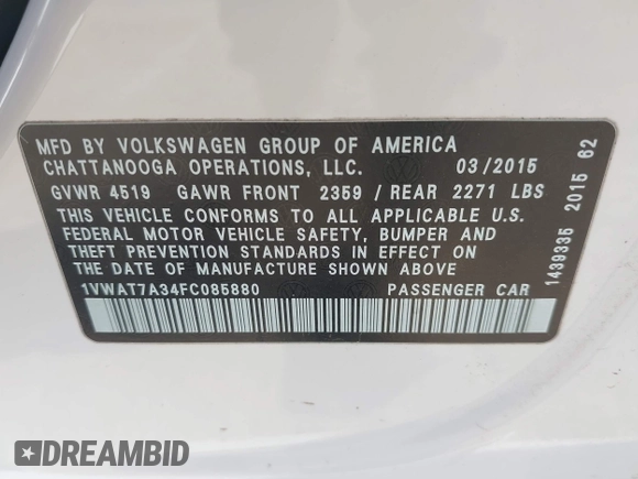 2015 Volkswagen Passat 1.8T Limited Edition with VIN 1VWAT7A34FC085880, listed as a IAAI auction lot 42007677 with 184,722 mi miles. Bid and sale history available at carsss.com. Image 9.