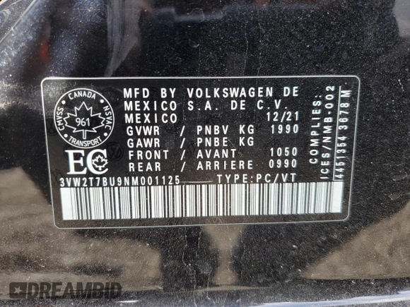 2022 Volkswagen Jetta GLI Autobahn z VIN 3VW2T7BU9NM001125, wystawiony jako Copart lot #63328954 z przebiegiem 86 703 mil mil oraz Szkoda całkowita • Salvage title. Historia ofert i sprzedaży dostępna na DreamBid. Obrazek 12.