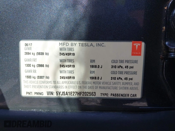 2017 Tesla Model S 100D with VIN 5YJSA1E27HF202563, listed as a IAAI auction lot 42460702 with 71,715 mi miles and . Bid and sale history available at DreamBid. Image 9.