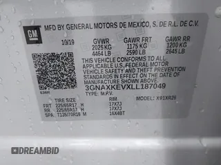 2020 Chevrolet Equinox LT with VIN 3GNAXKEVXLL187049, listed as a IAAI auction lot 41459248 with 59,291 mi miles. Bid and sale history available at carsss.com. Image 9.