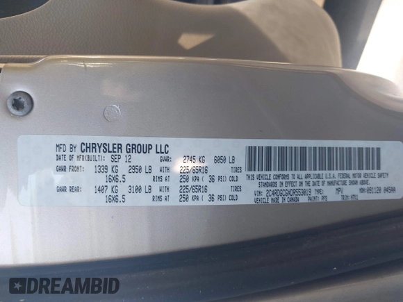 2013 Dodge Grand Caravan SXT with VIN 2C4RDGCGXDR553019, listed as a IAAI auction lot 42053186 with 341,864 mi miles and . Bid and sale history available at DreamBid. Image 9.