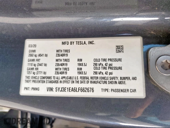 2020 Tesla Model 3 Standard Range Plus z VIN 5YJ3E1EA6LF662676, wystawiony jako Copart lot #47021855 z przebiegiem 58 834 mil mil oraz Czysty tytuł • Clean title. Historia ofert i sprzedaży dostępna na DreamBid. Obrazek 13.