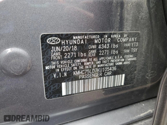 2019 Hyundai Ioniq Limited z VIN KMHC75LD7KU105436, wystawiony jako Copart lot #52084255 z przebiegiem 83 520 mil mil oraz Szkoda całkowita • Salvage title. Historia ofert i sprzedaży dostępna na DreamBid. Obrazek 12.