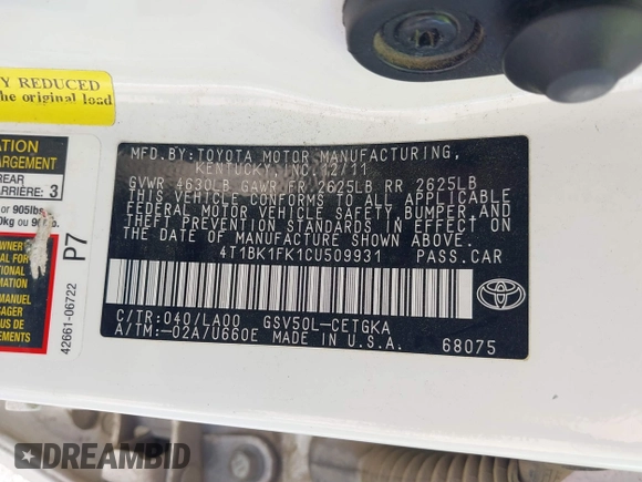 2012 Toyota Camry SE with VIN 4T1BK1FK1CU509931, listed as a IAAI auction lot 41474984 with 86,707 mi miles. Bid and sale history available at carsss.com. Image 9.