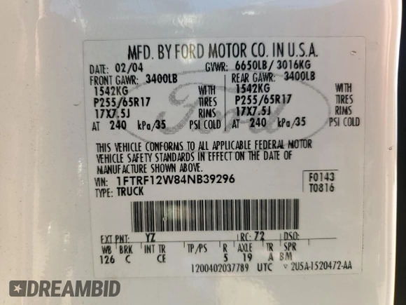 2004 Ford F-150 XL z VIN 1FTRF12W84NB39296, wystawiony jako Copart lot #54334695 z przebiegiem 299 033 mil mil oraz Szkody całkowita. Historia ofert i sprzedaży dostępna na DreamBid. Obrazek 12.