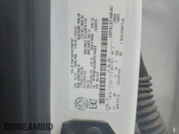 2019 Ford F-150 XL with VIN 1FTFW1E53KFC70522, listed as a Copart auction lot 55631445 with 117,292 mi miles and Salvage title. Bid and sale history available at DreamBid. Image 12.