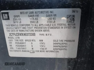 2010 GMC Terrain SLE-1 with VIN 2CTFLCEWXA6372300, listed as a IAAI auction lot 41653184 with 206,005 mi miles. Bid and sale history available at carsss.com. Image 9.