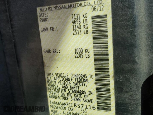 2012 Nissan Maxima S with VIN 1N4AA5AP2CC857116, listed as a Copart auction lot 89120395 with 184,718 mi miles and Salvage Title. Bid and sale history available at DreamBid. Image 14.