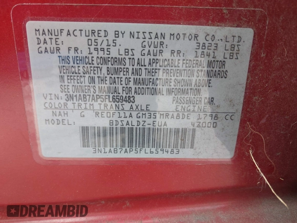 2015 Nissan Sentra SR with VIN 3N1AB7AP5FL659483, listed as a IAAI auction lot 41334577 with 176,903 mi miles and . Bid and sale history available at DreamBid. Image 9.