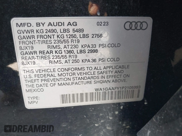 2023 Audi Q5 S line Premium with VIN WA1GAAFY1P2105993, listed as a IAAI auction lot 41741572 with 22,899 mi miles. Bid and sale history available at carsss.com. Image 9.