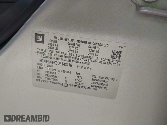 2013 Chevrolet Equinox LT with VIN 2GNFLNEK8D6143176, listed as a IAAI auction lot 41973254 with 140,648 mi miles and . Bid and sale history available at DreamBid. Image 9.