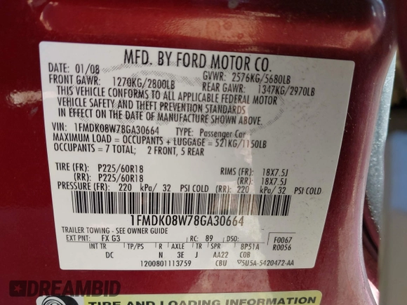 2008 Ford Taurus X Eddie Bauer with VIN 1FMDK08W78GA30664, listed as a IAAI auction lot 42537190 with 187,263 mi miles and . Bid and sale history available at DreamBid. Image 9.