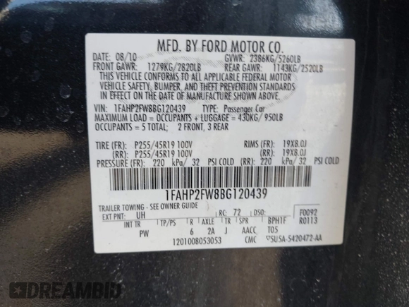 2011 Ford Taurus Limited with VIN 1FAHP2FW8BG120439, listed as a IAAI auction lot 41637459 with 146,621 mi miles and . Bid and sale history available at carsss.com. Image 9.