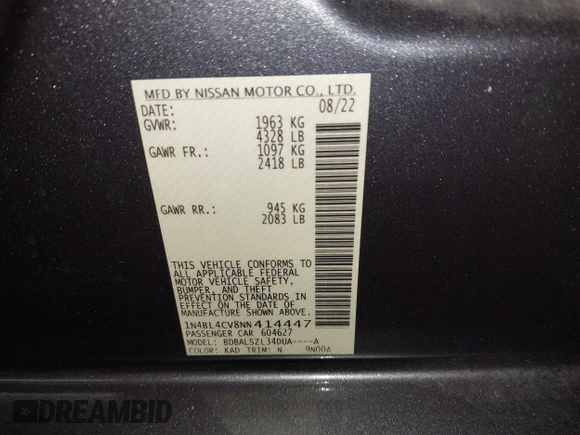 2022 Nissan Altima SR z VIN 1N4BL4CV8NN414447, wystawiony jako IAAI lot #42047746 z przebiegiem 52 389 mil mil oraz . Historia ofert i sprzedaży dostępna na DreamBid. Obrazek 9.
