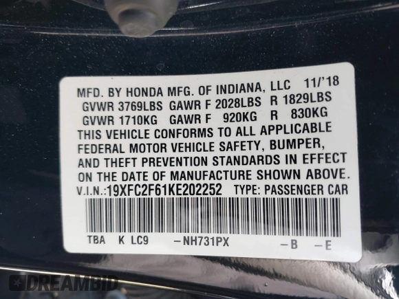 2019 Honda Civic Sedan LX with VIN 19XFC2F61KE202252, listed as a IAAI auction lot 42139362 with 37,128 mi miles. Bid and sale history available at carsss.com. Image 9.
