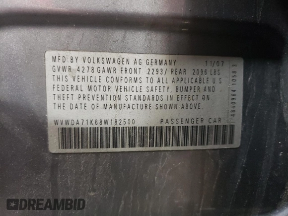 2008 Volkswagen Rabbit S with VIN WVWDA71K68W182500, listed as a Copart auction lot 45414015 with 172,078 mi miles and Salvage title. Bid and sale history available at DreamBid. Image 12.