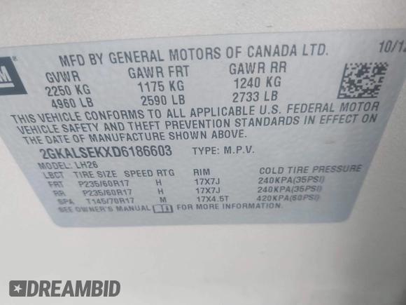 2013 GMC Terrain SLE with VIN 2GKALSEKXD6186603, listed as a IAAI auction lot 41271924 with 147,605 mi miles. Bid and sale history available at carsss.com. Image 9.