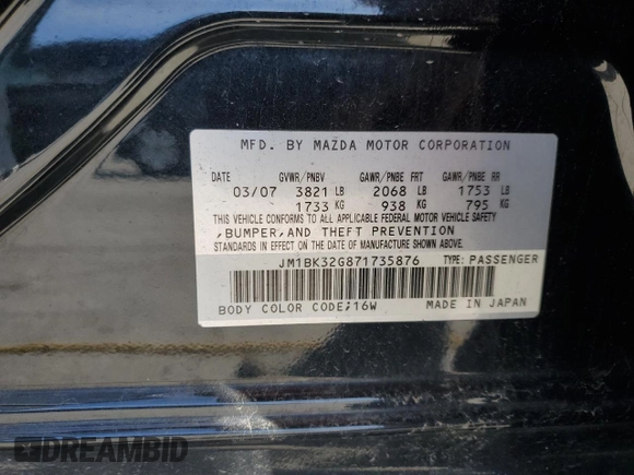 2007 Mazda 3 i Touring with VIN JM1BK32G871735876, listed as a Copart auction lot 50131285 with 147,123 mi miles and Salvage Title. Bid and sale history available at DreamBid. Image 12.