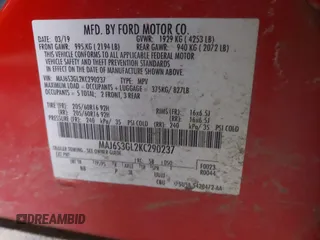 2019 Ford EcoSport SE with VIN MAJ6S3GL2KC290237, listed as a IAAI auction lot 41601265 with 108,754 mi miles and . Bid and sale history available at DreamBid. Image 9.