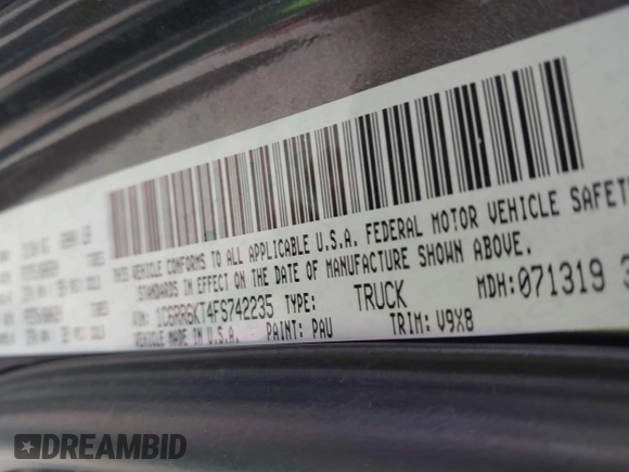 2015 Ram 1500 Express with VIN 1C6RR6KT4FS742235, listed as a IAAI auction lot 42107946 with 71,474 mi miles and . Bid and sale history available at DreamBid. Image 9.