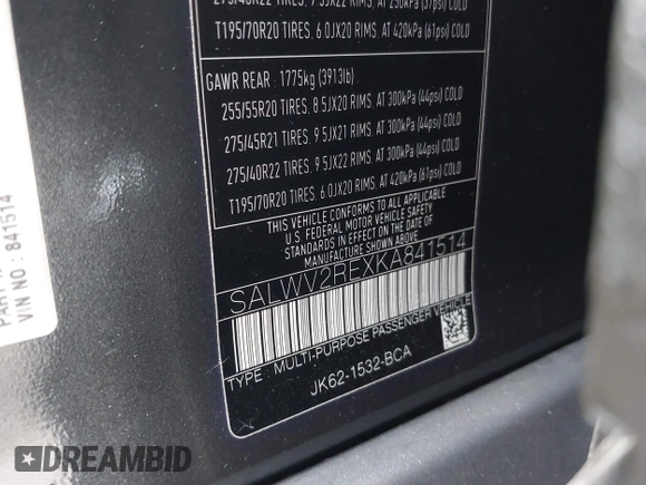 2019 Land Rover Range Rover Sport Autobiography with VIN SALWV2REXKA841514, listed as a IAAI auction lot 42420653 with 71,317 mi miles and . Bid and sale history available at DreamBid. Image 9.