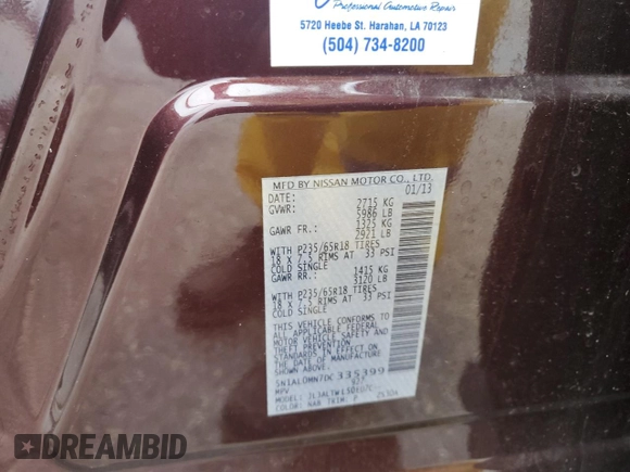 2013 Infiniti JX35 with VIN 5N1AL0MN7DC335399, listed as a Copart auction lot 71110244 with 122,775 mi miles and Salvage Title. Bid and sale history available at carsss.com. Image 12.