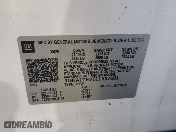 2020 GMC Terrain SLE with VIN 3GKALTEV5LL337681, listed as a Copart auction lot 59696575 with 57,815 mi miles and Salvage title. Bid and sale history available at DreamBid. Image 13.