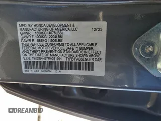 2024 Acura Integra w/A-Spec Package with VIN 19UDE4H37RA021364, listed as a Copart auction lot 47843185 with 5,979 mi miles and Salvage title. Bid and sale history available at DreamBid. Image 14.