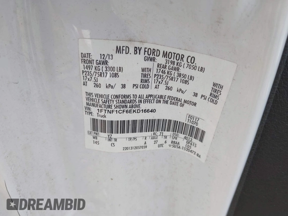 2014 Ford F-150 XL with VIN 1FTNF1CF6EKD16640, listed as a IAAI auction lot 40235032 with 124,116 mi miles and . Bid and sale history available at DreamBid. Image 9.