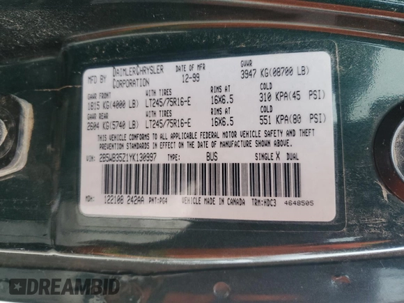 2000 Dodge Passenger z VIN 2B5WB35Z1YK130997, wystawiony jako Copart lot #44719265 z przebiegiem Nie podano mil oraz Szkody całkowita. Historia ofert i sprzedaży dostępna na DreamBid. Obrazek 13.