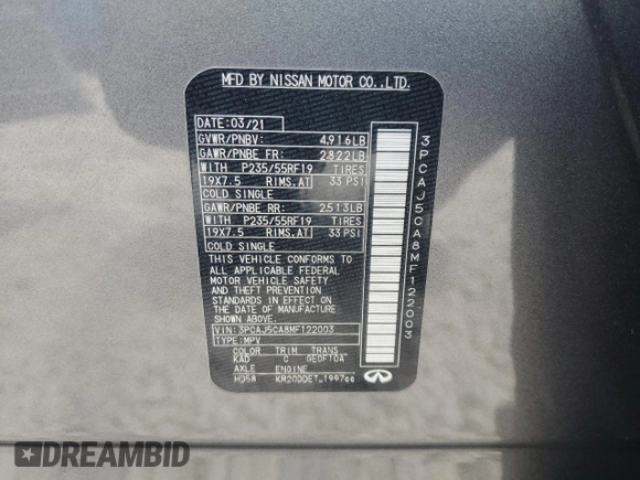 2021 Infiniti QX50 Essential с VIN 3PCAJ5CA8MF122003, выставлен на аукционе Copart как лот 63763465 с пробегом 56 039 миль миль и Списание • Salvage title. История ставок и продаж доступна на DreamBid. Изображение 14.