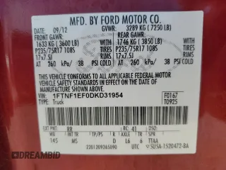 2013 Ford F-150 XL with VIN 1FTNF1EF0DKD31954, listed as a Copart auction lot 47823055 with 110,955 mi miles and Salvage title. Bid and sale history available at DreamBid. Image 14.