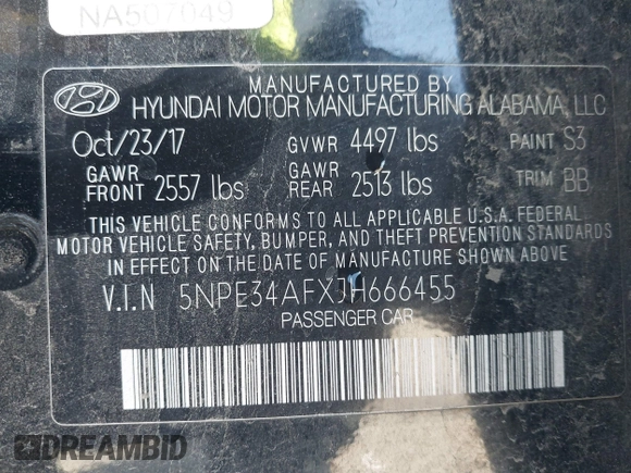 2018 Hyundai Sonata SEL with VIN 5NPE34AFXJH666455, listed as a IAAI auction lot 41939513 with 119,290 mi miles and . Bid and sale history available at carsss.com. Image 9.